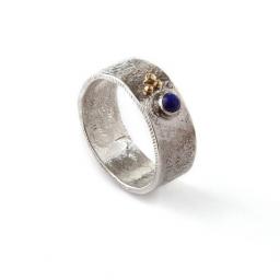Handmade Sterling Silver reticulated ring, oxidised and set with Lapis Lazuli, with 18ct yellow gold granules.