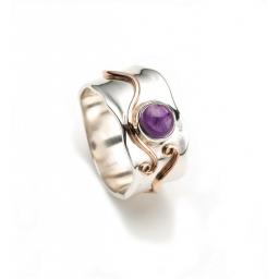Wide Sterling Silver Ring with Amethyst Cabochon and Yellow Gold plated decorative swirling.