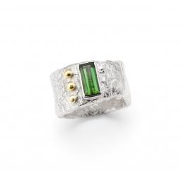 Solid Reticulated Sterling Silver Ring, vertically set with a baguette Tourmaline, and three 18ct Yellow Gold granules.