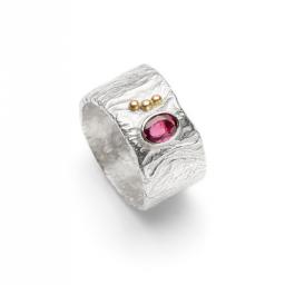 Sterling Silver Reticulated Ring set with a Pink Tourmaline and 18ct Yellow Gold Granulation