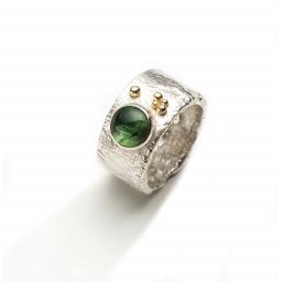 Handmade Reticulated Sterling Silver Ring set with Green Cabochon Tourmaline and 18ct Gold Granulation