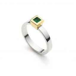 Handmade 18ct White Gold 3mm wide band, with a 3mm square Emerald, in an 18ct Yellow Gold, cone shaped setting.