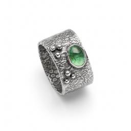 Wide Oxidised Sterling Silver Ring set with a Tourmaline and Sterling silver granules.