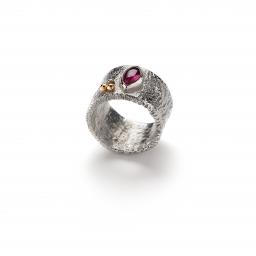 Sterling Silver Reticulated Ring with 18ct Gold Granulation and Pink Tourmaline