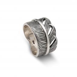 Wide Sterling Silver Ring Overlapping Feather Design