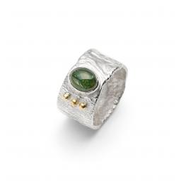 Sterling Silver Reticulated Green Tourmaline Ring with 18ct Gold Granulation