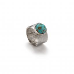 Wide, Handmade Sterling Silver Reticulated band set with Natural Turquoise