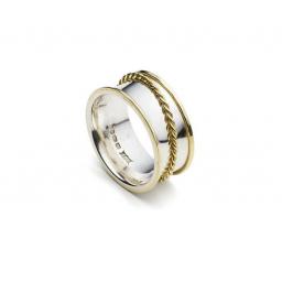 Handmade Sterling Silver spinning ring with twisted 18ct Yellow gold 'spinner' and 18ct Yellow gold edges