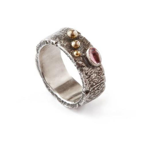 Hand made reticulated Sterling Silver ring with a pink Tourmaline & 18ct Yellow Gold accents