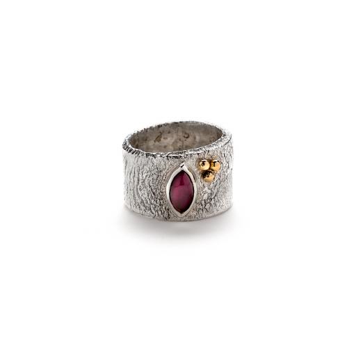 Sterling Silver Reticulated Ring with 18ct Gold Granulation and Pink Tourmaline