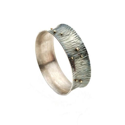Oxidised, Sterling Silver Bark Texture Bangle, with 18ct Gold Granulation